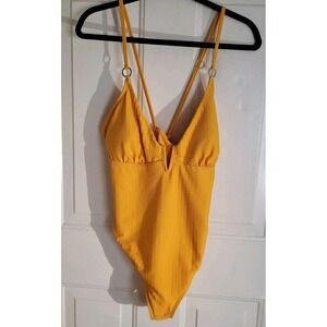 Jessica Simpson V Plunge O-Ring Swimsuit Marigold XL One Piece NWT Sexy [660]